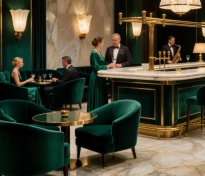 Kaszinó lounge bárpult mentazöld márványfelületekkel és hangulatos megvilágítással.