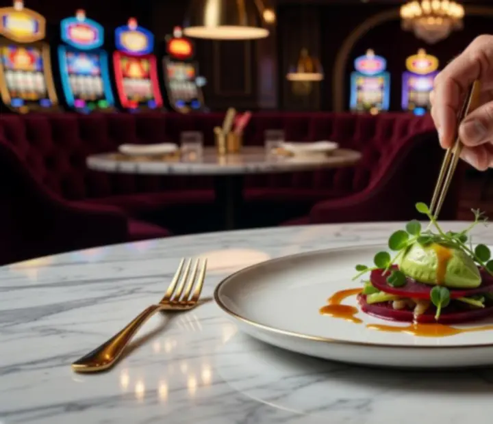 Művészien tálalt fine dining fogás elegáns kaszinó-éttermi környezetben