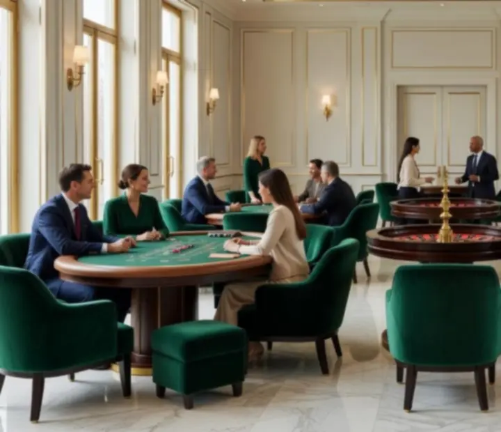Kaszinó lounge exkluzív asztalokkal és klasszikus játékokkal, elegáns megvilágításban