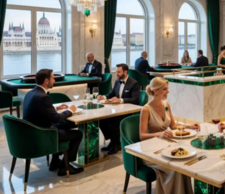 Fényűző budapesti étterem-kaszinó belső tér, elegáns vacsoraasztalokkal és kaszinó hangulattal.