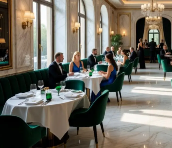 Világos, elegáns kaszinó-étterem lounge asztalokkal és hangulatos fényekkel a Kerts Zalonban