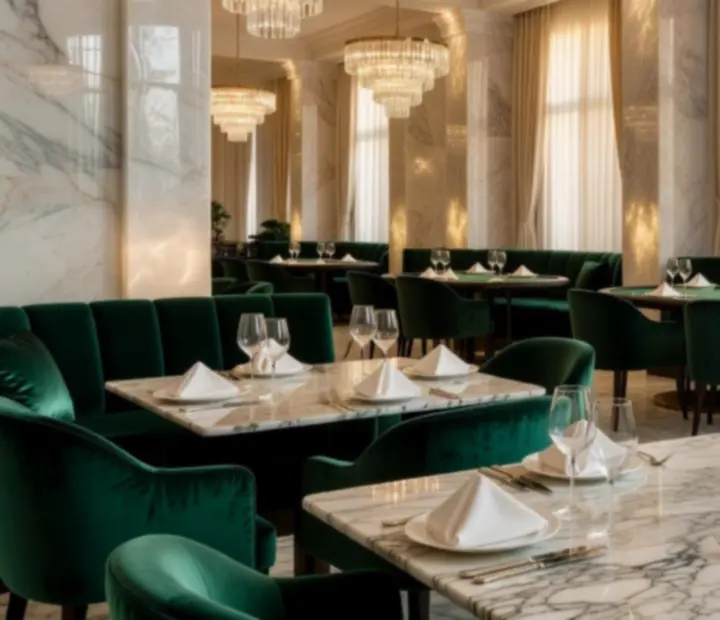 Fényűző, modern kaszinó-étterem enteriőr elegáns terítéssel