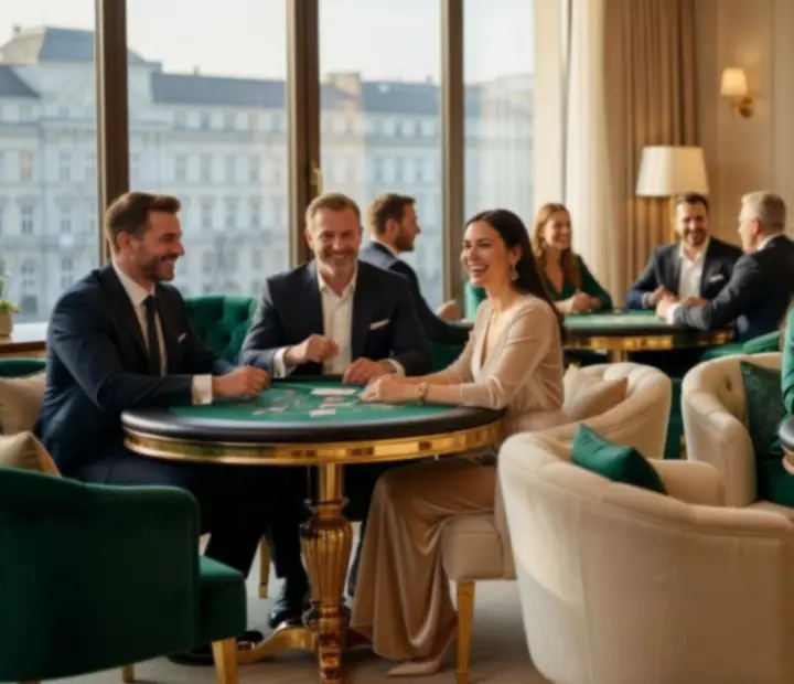 VIP kaszinó lounge részleg elegáns játékasztalokkal és bárterasszal a Kerts Zalonban